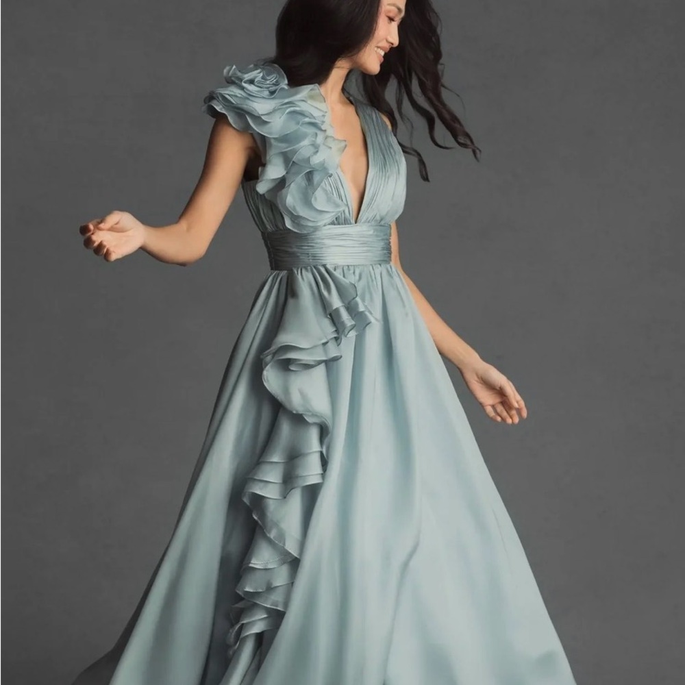 Mac Duggal One Shoulder Blue Ruffled Dress